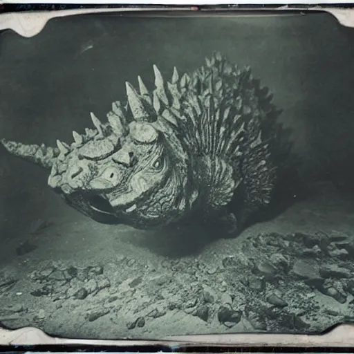 Prompt: tintype photo, underwater, Godzilla