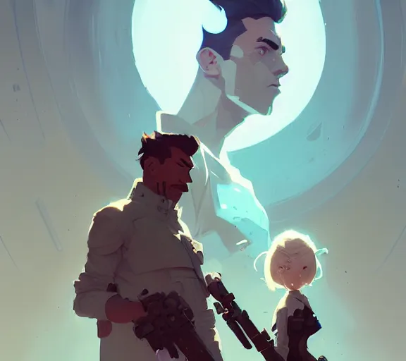 Image similar to portrait jayce and viktor by atey ghailan, by greg rutkowski, by greg tocchini, by james gilleard, by joe fenton, by kaethe butcher, dynamic lighting, gradient light blue, brown, blonde cream and white color scheme, grunge aesthetic