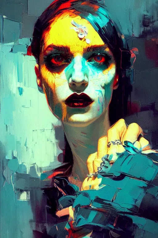 Image similar to portrait of a beautiful goth girl, complementary colors, beautiful face, rule of thirds, intricate outfit, spotlight, by greg rutkowski, by jeremy mann, by francoise nielly, by van gogh, digital painting