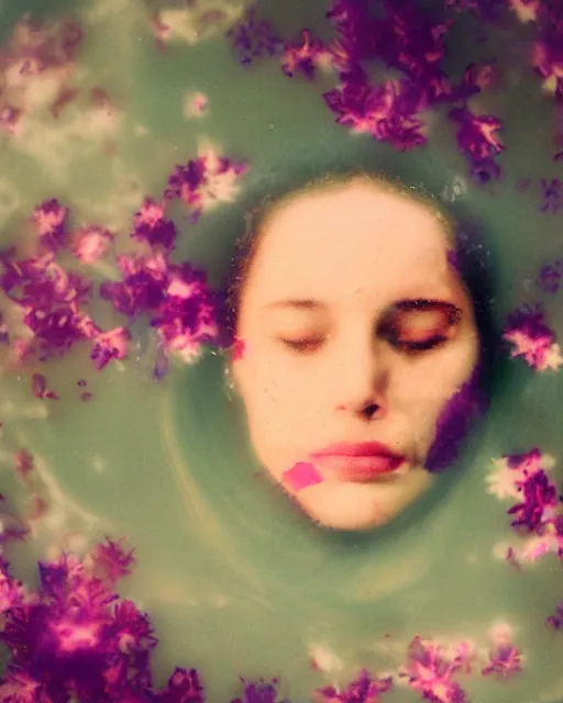 Prompt: oversaturated, burned, light leak, expired film, photo of a woman's serene face submerged in a flowery milkbath