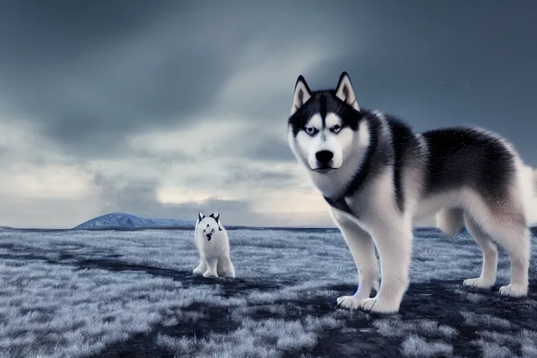 Prompt: a scenic photograph of a husky looking away from the camera. the whole husky is visible in frame. polar setting, polarbear in the distant background, ominous sky, meteorites are crashing through the clouds. octane render, extreme detail, super symmetrical photograph, 8 k