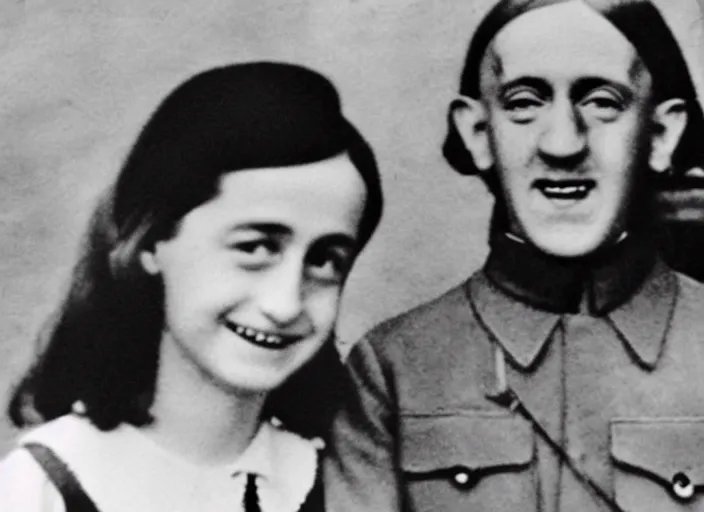Prompt: Anne Frank and Hitler are a happy couple, colourised photo, restored high quality n-6