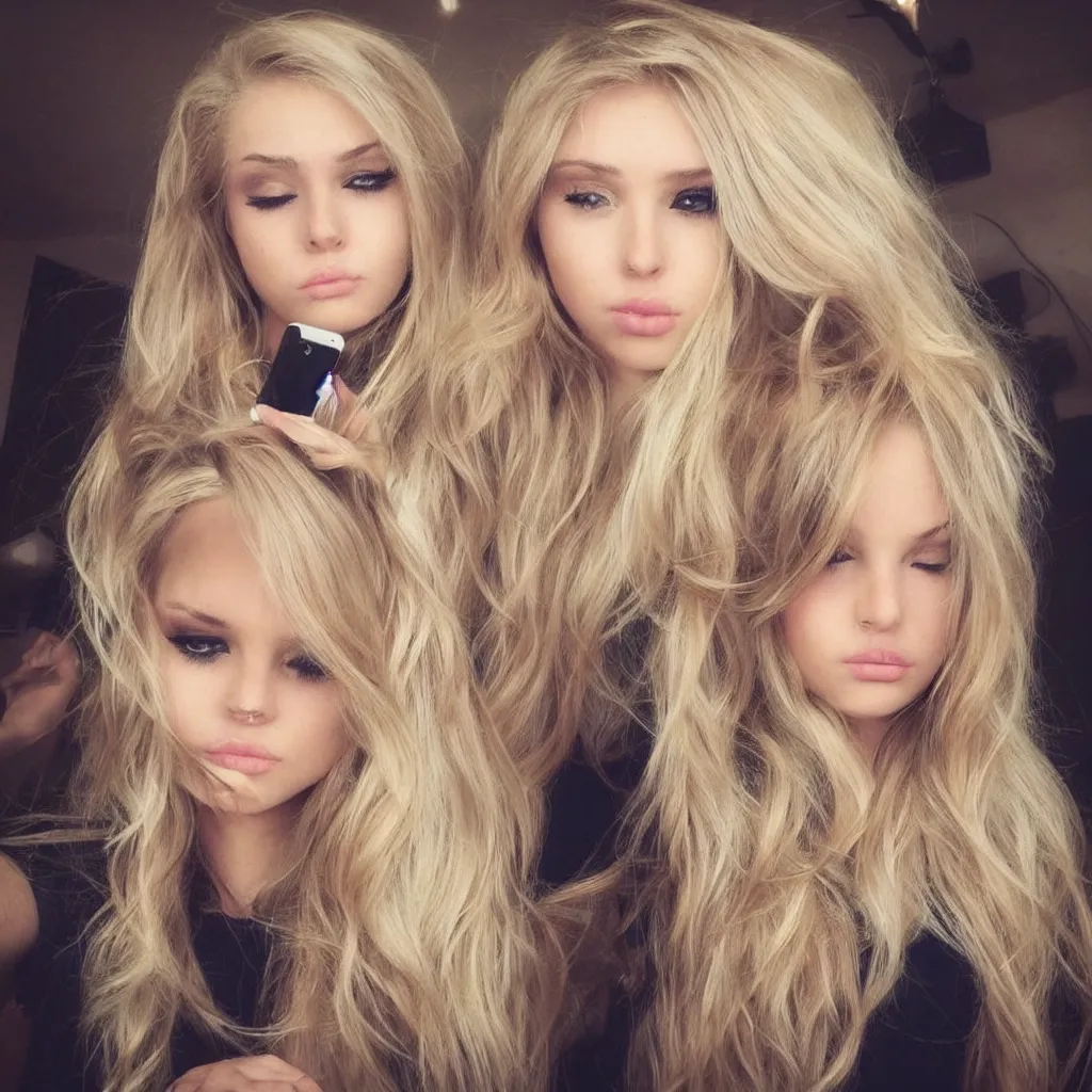 Image similar to a selfie of a beautiful girl pouting with extremely long blonde hair