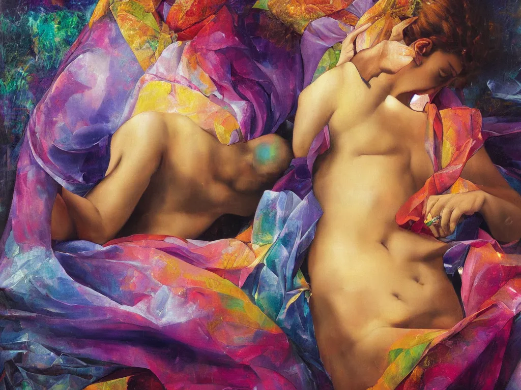 Image similar to hyperrealistic still life painting of a calm goddess, divine feminine, surrender, wrapped in fabric and gently smiling, surrounded by refracting reflecing rainbow prisms in a tesseract, botanical print, surrealism, vivid colors, serene, golden ratio, sacred geometry, abstract impasto brushtrokes, by Caravaggio, rule of thirds