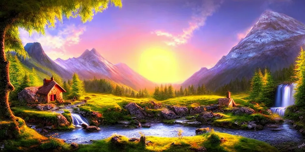 Image similar to a beautiful fantasy landscape, mountain in background, a waterfall in the mountains, little cottage, small pond, some trees in the corner, sunrise, hyper realism, artgem, art by philipp urlich