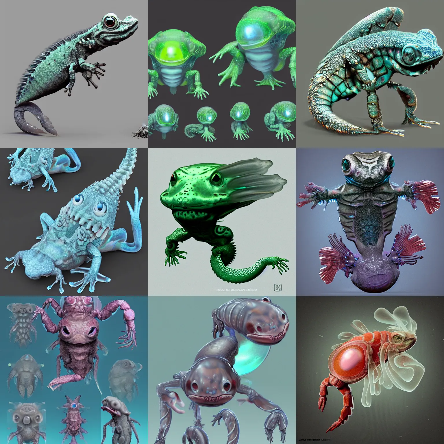 Image similar to cute! biomechanical baby gecko, ghost shrimp, deepsea, wrinkled, by Wayne Barlowe, ghost shrimp, Barreleye fish, translucent SSS xray, Barreleye, rimlight, jelly fish dancing, fighting, bioluminescent screaming pictoplasma characterdesign toydesign toy monster creature, zbrush, octane, hardsurface modelling, artstation, cg society, by greg rutkowksi, by Eddie Mendoza, by Peter mohrbacher, by tooth wu, cyberpunk