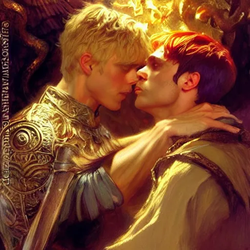 Image similar to stunning arthur pendragon in love with stunning male merlin the mage. they are close to each other. highly detailed painting by gaston bussiere, craig mullins, j. c. leyendecker