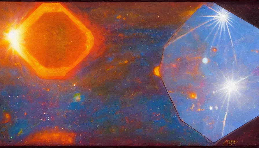 Image similar to the sun being blocked by a hexagon in space, planet earth in the foreground, oil painting