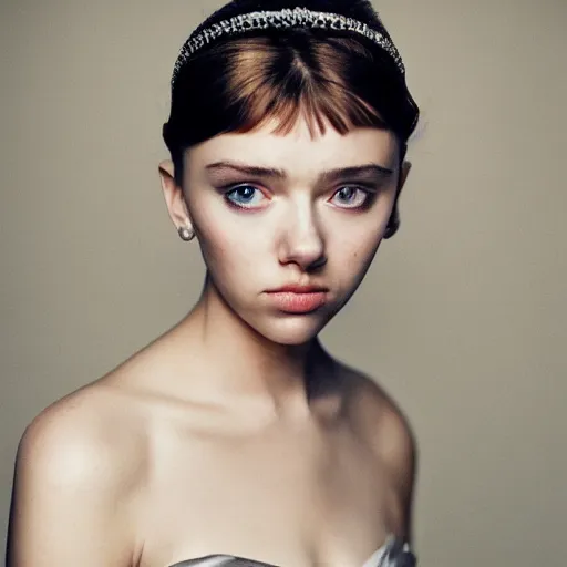 Image similar to dramtically lit, high quality studio photo of a girl who looks like 16-year old Audrey Hepburn and Scarlett Johansson, with parted lips and stunning, anxious eyes, wearing a silver satin gown, by Steve McCurry