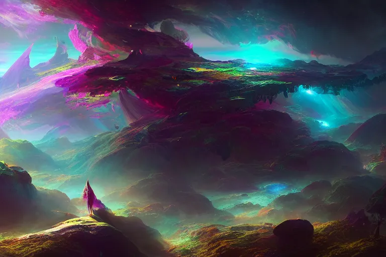 Image similar to a psychedelic realm at the edge of the known universe, astral beings sharing love, in the style of greg rutkowski and wlop and lisa frank and bob ross and ruan jia, illustration, epic, fantasy, hyper detailed, smooth, unreal engine, sharp focus, ray tracing