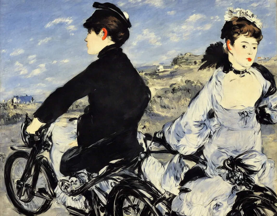 Image similar to edouard manet. a wide portrait of a marie from the side all dressed in black on a motorcycle on a highway looking over her shoulder towards us. blue sky. there is another motorcycle blurred in the background. precise thin brush strokes. expressive. emotional. modern.