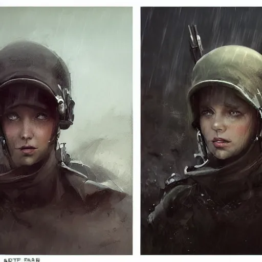 Prompt: it's a terrible day for rain, colourised, face portrait, epic, tragic, military art, fantasy, dieselpunk, hd shot, digital portrait, beautiful, artstation, comic style, by artgerm, guy denning, jakub rozalski, magali villeneuve and charlie bowater