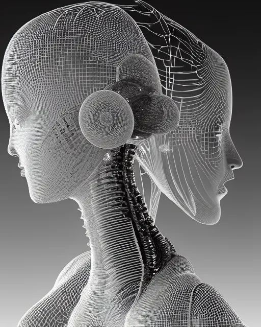 Prompt: mythical dreamy black and white organic translucent bio-mechanical spinal ribbed profile face portrait detail of mechanical beautiful female angelic-human-doll-cyborg, highly detailed, intricate crystal jelly steampunk ornate, poetic, 3D render, digital art, octane render, 8K artistic photography, photo-realistic, by Dora Maar