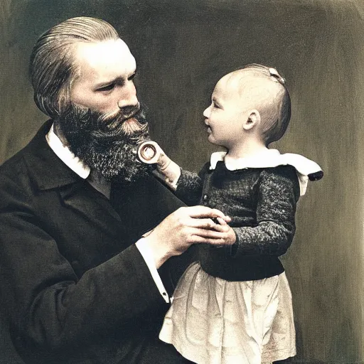 Image similar to painting of beard grandpa taking a photo to a baby girl, laszlo moholy