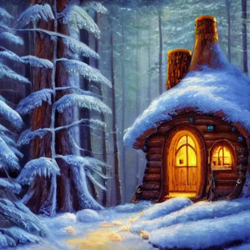 Prompt: elf magical forest wood cabin with a chimney, oil painting