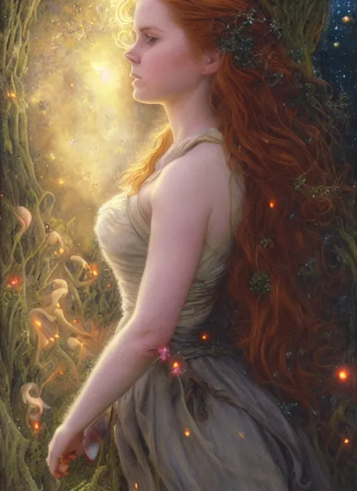 Image similar to Amy Adams staring into the camera, misty wisps, fireflies, Lilia Alvarado, Sophie Anderson, Mark Arian, Bob Byerley, Charlie Bowater, Mark Brooks, Steve Henderson, Justin Gerard, Arthur Hughes, Edward Robert Hughes, Mark Keathley, Victor Nizovtsev, Carlos Shwabe, Ross Tran, WLOP