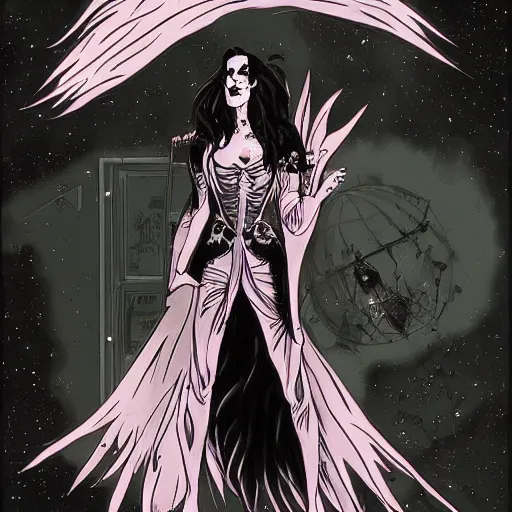 Prompt: Jennifer Connelly as dark angel gothic atompunk evil Disney villain queen with black feather hair, feathers growing out of skin, in front of space station window, Mike mignola, trending on artstation, comic book cover, illustration