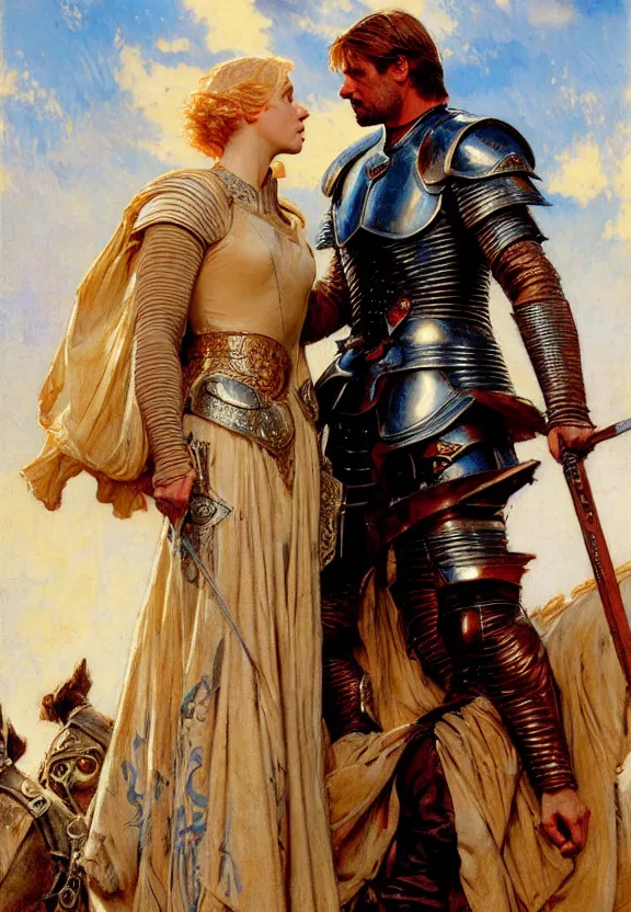 Image similar to attractive fully clothed jaime lannister kisses attractive fully clothed armored brienne of tarth. highly detailed painting by gaston bussiere and j. c. leyendecker 8 k