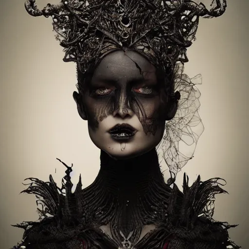 Image similar to a portrait of female model by stefan geselle and nekro borja, photorealistic, intricate details, hyper realistic, dark fantasy, ornate headpiece, dark beauty, photorealistic, canon r 3, photography, wide shot, glamour pose, surrealism