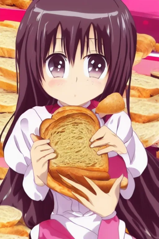 Image similar to a cute anime girl eating bread