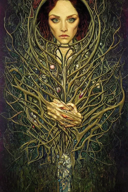 Image similar to Heart of Thorns by Karol Bak, Jean Deville, Gustav Klimt, and Vincent Van Gogh, portrait of an anatomical heart, sacred heart, Surreality, otherworldly, infernal enigma, Helliquary, fractal structures, celestial, arcane, ornate gilded medieval icon, third eye, spirals, dramatic sharp thorns, rich deep moody colors