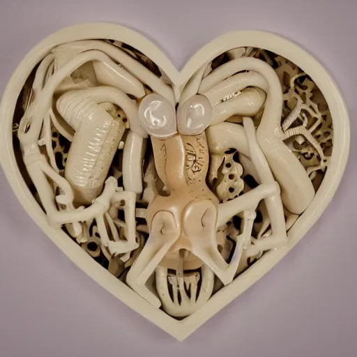 Image similar to anatomically correct bio mechanical heart carved out of ivory, canon 5 d 5 0 mm lens