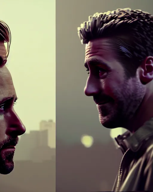 Image similar to ryan gosling and jake gyllenhaal posing dramatically together rendered in unreal engine 5, by wlop, greg rutkowski, and peter mohrbacher, octane render, ultra high detail, ultra realistic 3 d, extremely detailed shading, ray tracing, concept art, character design, trending on artstation, unreal engine 5, gritty atmosphere, glow, cinematic lighting, full of color