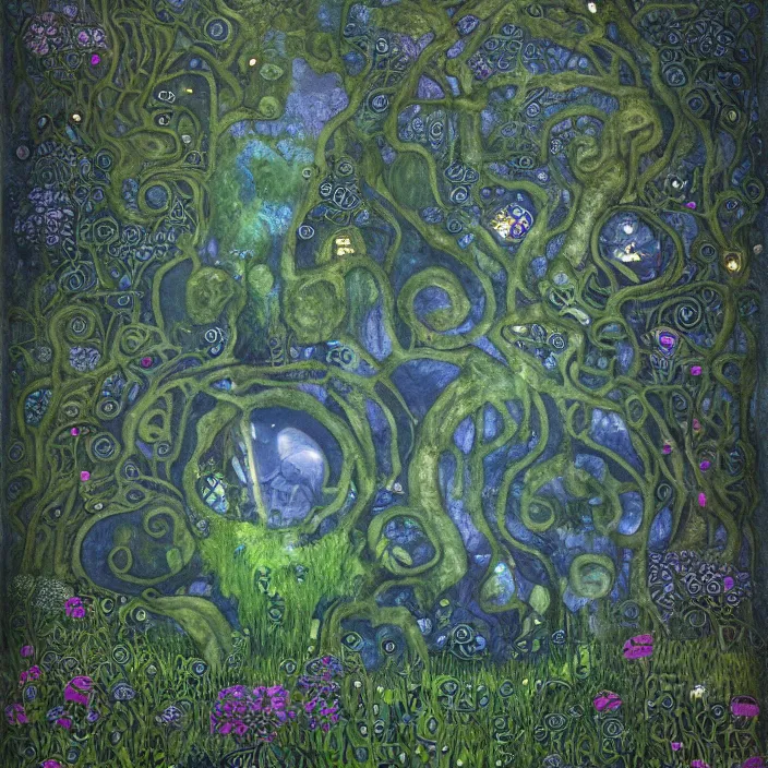 Image similar to ancient overgrown! ruins, medieval gates, indigo runestones, mysetrious etherial mesmerizing runic!! cat eyes, magical elven geometry, concept art by gustav klimt!!, deviantart contest winner, environmental art, pretty indigo flowers, fairy circles, lit by moonlight!!, high detail, intricate masterpiece