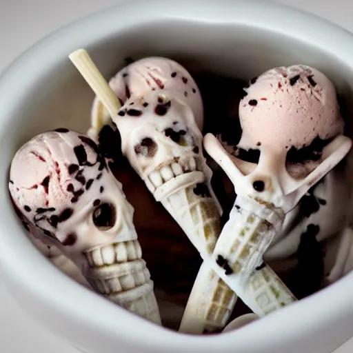 Image similar to ice cream of the macabre skin and bones flavor, horror,