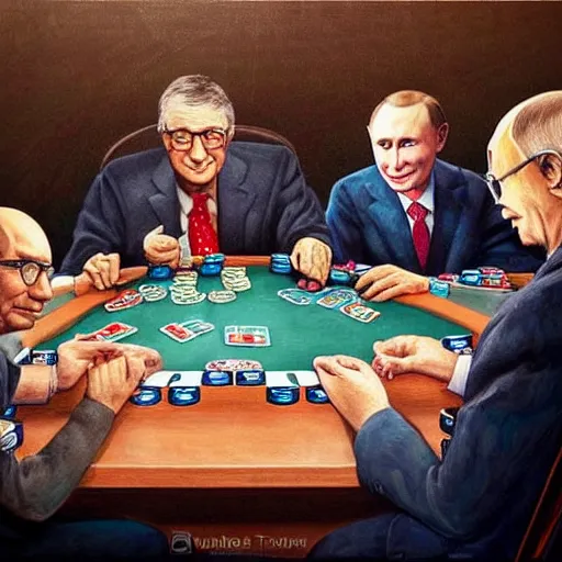 Image similar to UHD photorealistic Bill Gates playing poker with Klaus Schwab and Vladimir Putin, hyperrealistic, correct details, cosmic dynamic lighting, symmetrical faces, accurate faces, in the style of art nouveau by Danielle Tunstall