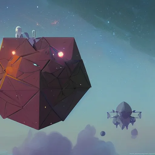 Image similar to greg rutkowski, beeple, a painting by ralph mcquarrie of floating molecules and icosahedron with stars, clouds, and rainbows in the background, trending on artstation, masterpiece, incredible details