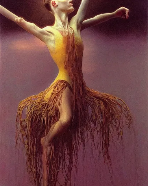 Prompt: the ballerina seen at the end of a human's life, painted by zdzislaw beksinski and artgerm alphonse mucha