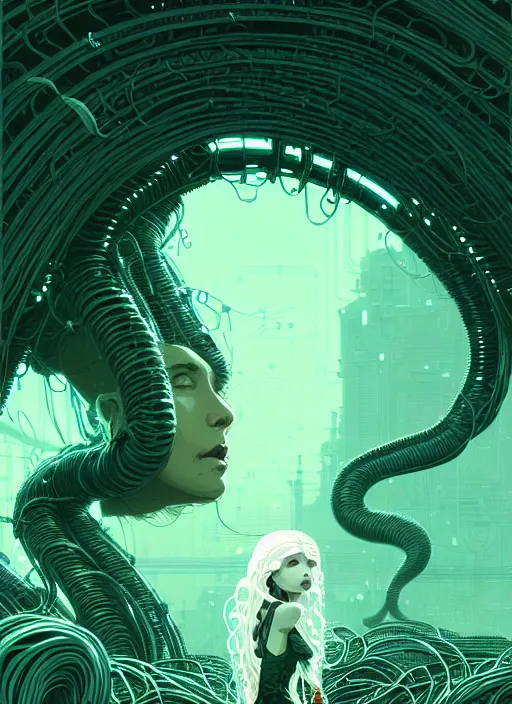 Image similar to highly detailed portrait of a biopunk long curly white hair tribal lady, stray wiring by atey ghailan, james gilleard, by joe fenton, by greg rutkowski, by greg tocchini, by kaethe butcher, 4 k resolution, gradient green, black and white color scheme!!! ( ( irradiated robotic leafy tornado landscape background ) )