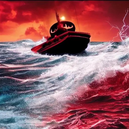 Image similar to anti - christ rising from a red ocean. ominous. vivid color detailed photograph from a 2 0 2 0 s blockbuster vfx horror movie. a small capsized boat in the background.