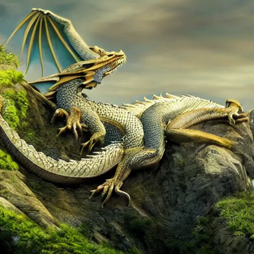 Image similar to Dragon sleeping on top of a mountain, hd, intricate, 8k, award winning photograph, hyperrealism, national geographic