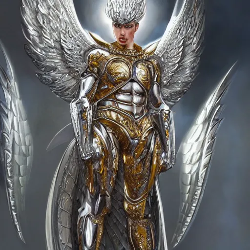 Image similar to a beautiful muscular male angel wearing a silver chrome armor with golden ornaments and diamonds jewelry by alex gray and android jones, karol bak, ayami kojima, amano, concept art, character design, fantasy, 3 d, 8 k resolution