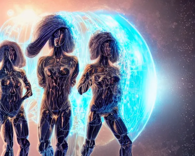 Image similar to cybermagnetosphere, beautiful hairy humanoids, love, joy, complex cybernetic beings, glowing hair, vortexes, large array, ornate hair, cinematic light shadows, wet hdr refractions, cybernetic civilizations, 8 k, * * * * *