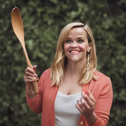 Image similar to reese witherspoon, holding a spoon, wooden spoon, cutlery, photography, smiling, portrait, soft focus