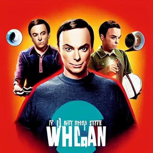 Image similar to movie poster of Sheldon from The Big Bang theory saying Bazinga while standing on a small island