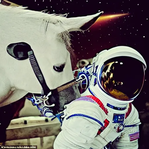 Image similar to the horse sat right on top of the astronaut rides him into space - i