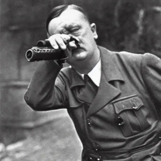 Prompt: hitler pointing a gun to his head while crying, close - up shot