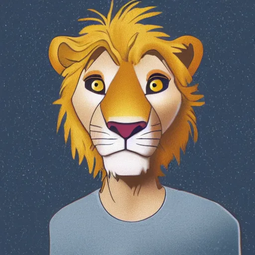 Image similar to Simba form the Lion King look like an ordinary boy with beautiful hear and head, wearing jeans and a white T-shirt, digital art style