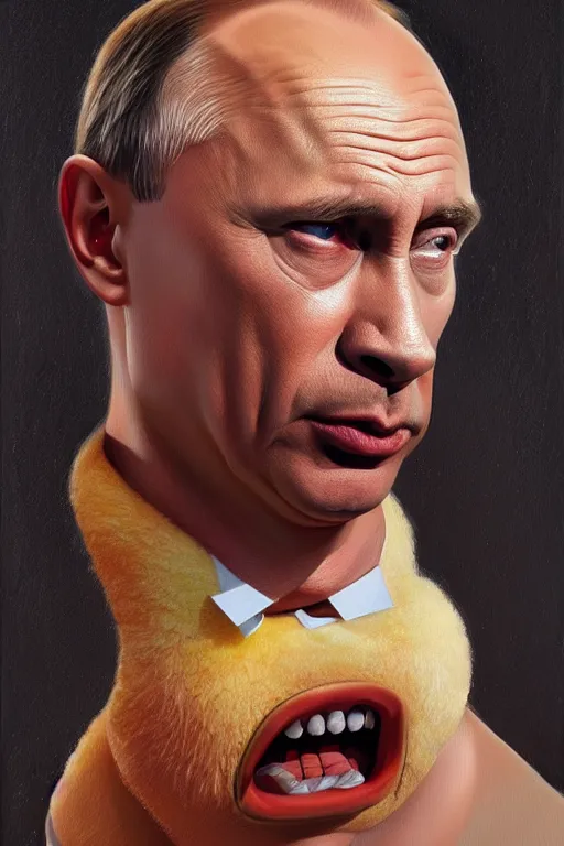 Prompt: vladimir putin as homer simpson, realistic portrait, symmetrical, highly detailed, digital painting, artstation, concept art, smooth, sharp focus, illustration, cinematic lighting, art by artgerm and greg rutkowski and alphonse mucha