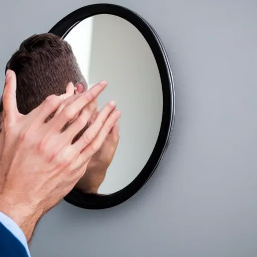 Prompt: professional photograph of a man touching a mirror on the wall