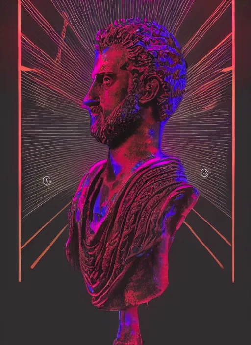 Image similar to black background with very subtle red and purple design elements, statue of marcus aurelius, powerful, nekro, graphic design, collage art, thin lines, dark, glitch art, neo vaporwave, gritty, layout frame, square, trending on artstation