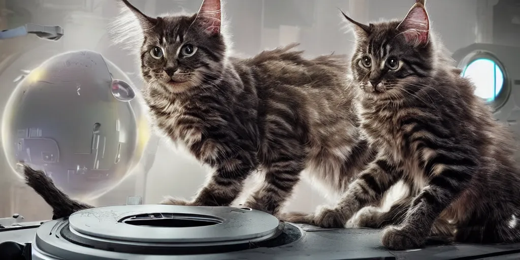 Image similar to a 3 d rendered movie still a of mainecoon robot kitten has become a cat scanning device. cyberpunk cat tree. digital art. science fiction blockbuster movie from the future, imax 7 0 mm. style of mandalorian ( american space western television series )