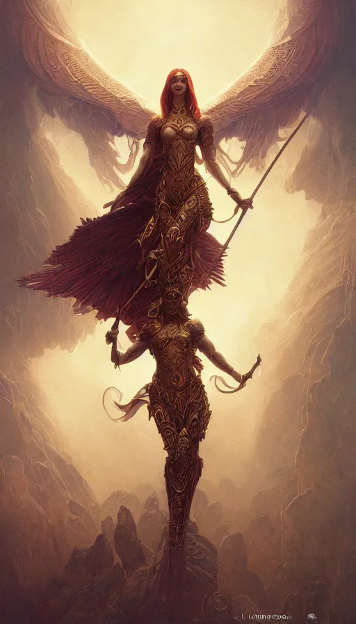 Prompt: ascending dark full body redhead goddess angel, lupe fuentes, intricate armor, highly detailed, glowing, action pose, cinematic, art deco, gold filigree, ethereal, alfonso mucha, zdzisław beksinski, andrei ryabovichev, shaun tan, chriss foss, peter mohrbacher, 4 k