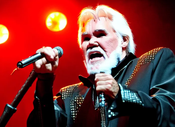 Prompt: publicity photo still of kenny rogers in cradle of filth playing live on stage, 8 k, live concert lighting, mid shot