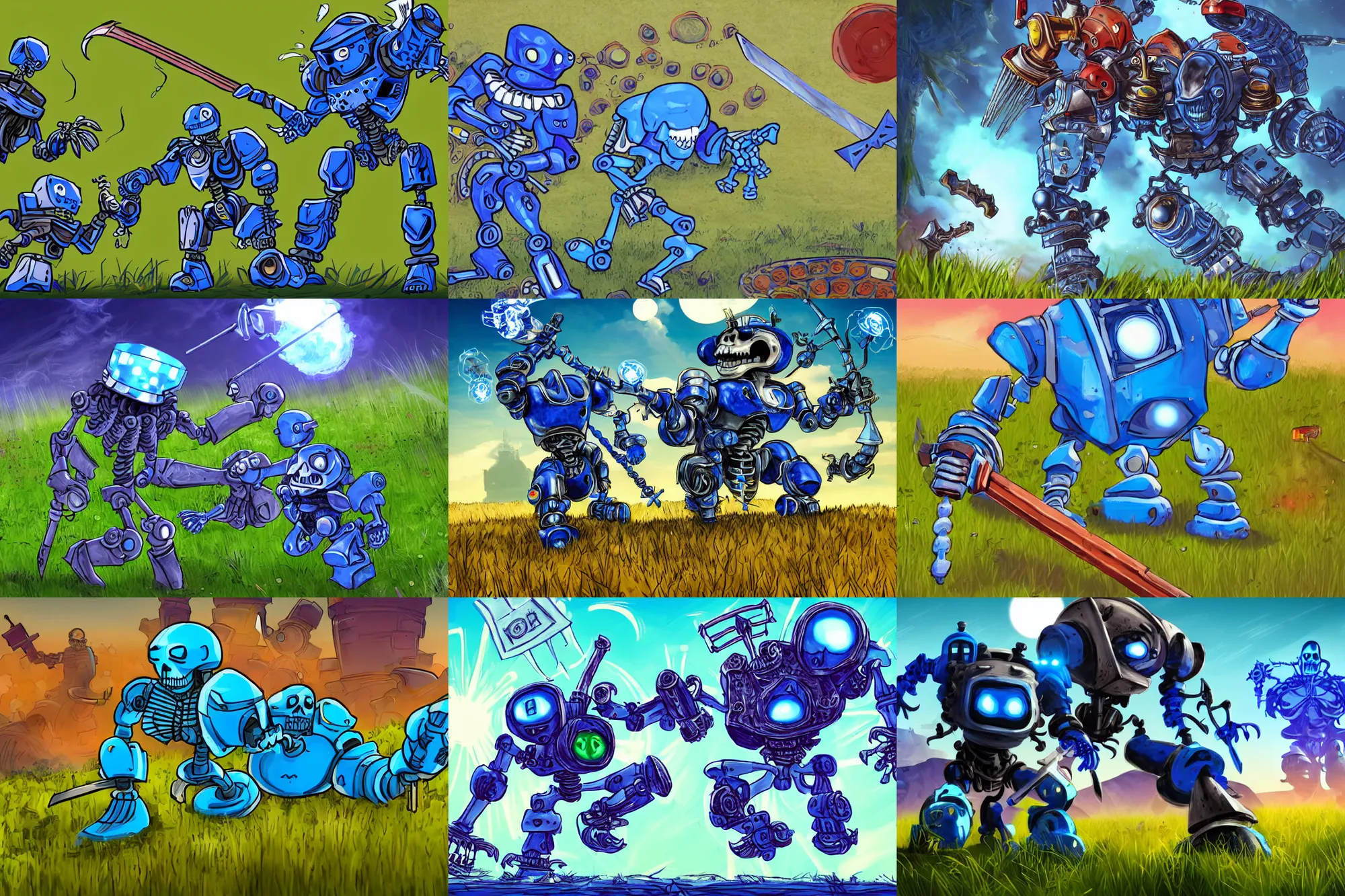 Prompt: a blue warriorrobotslotmachine, battling a skeleton with a sword. fantasy. promotional art for a video game on steam. casino. comic cartoon. battling in a grassy field. beautiful and simple.