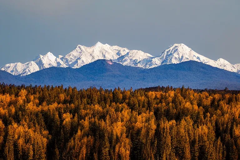 Prompt: long distance photo of snowy mountain range rising from forested plains, award winning landscape photography